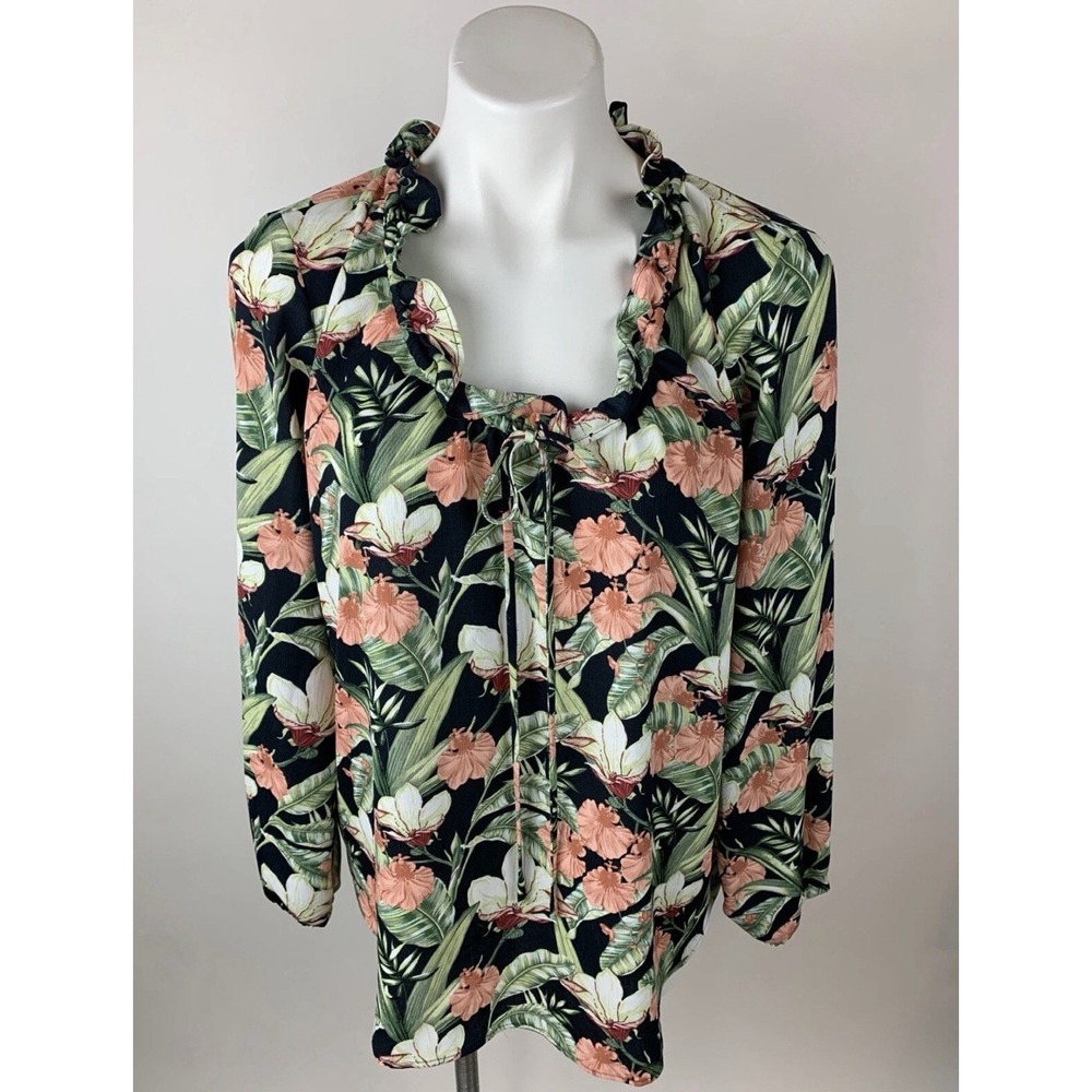 Ann Taylor Green White Tropical Floral Long Sleeve Ruffle Neck Blouse size M